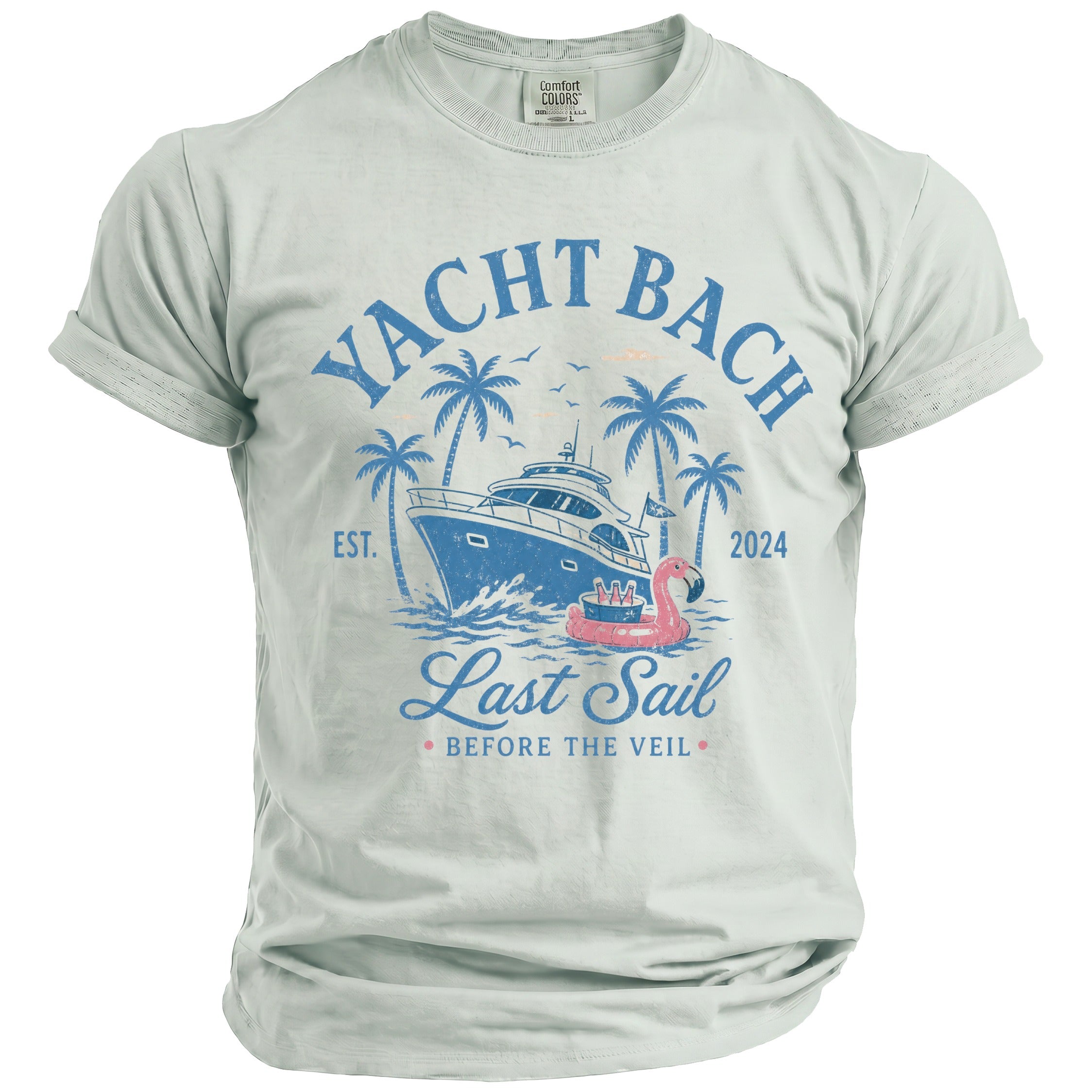 T-shirt with "Yacht Bach Est. 2024 Last Sail Before The Veil" graphic.