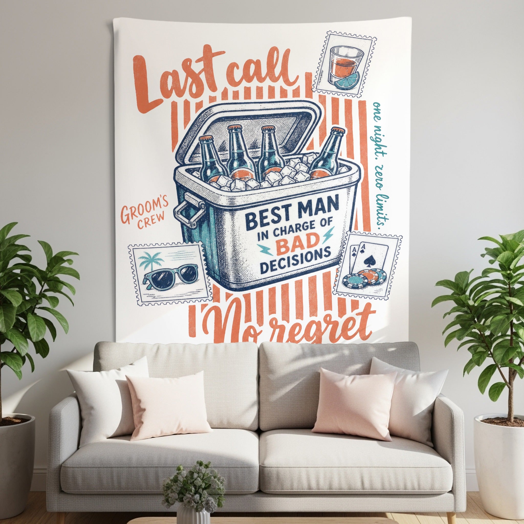 Tapestry with "Last Call", cooler of beers, sunglasses, whiskey, and poker cards.