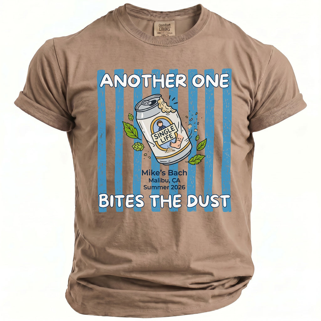 T-shirt with "Another One Bites the Dust" and a beer can graphic.