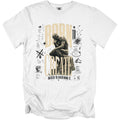 White t-shirt with "BORN TO CREATE RAISED TO OVERTHINK IT" text and The Thinker statue.