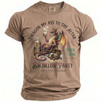 Dragon with sunglasses and drink on t-shirt, "Bachelor Party" text.
