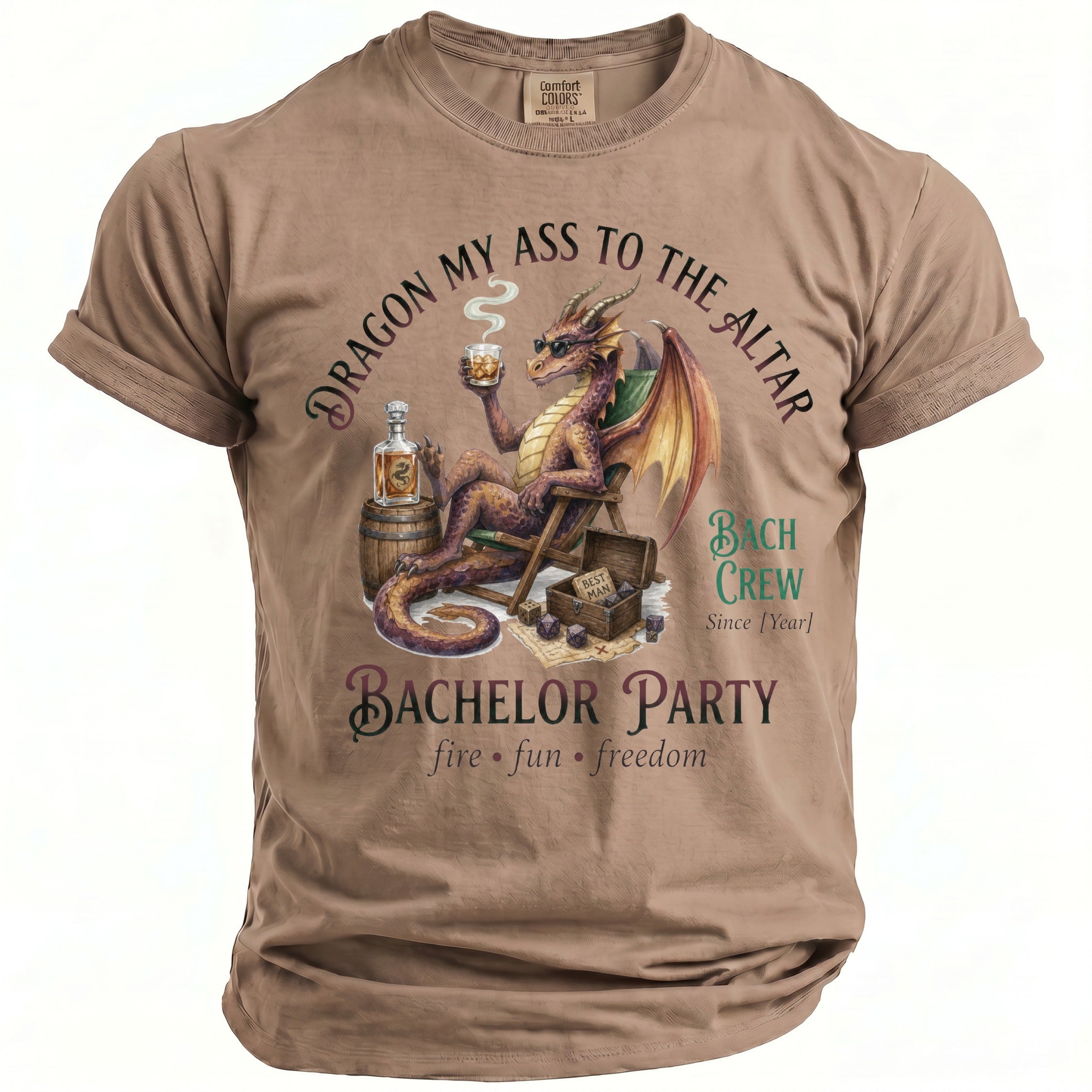 Dragon with sunglasses and drink on t-shirt, "Bachelor Party" text.