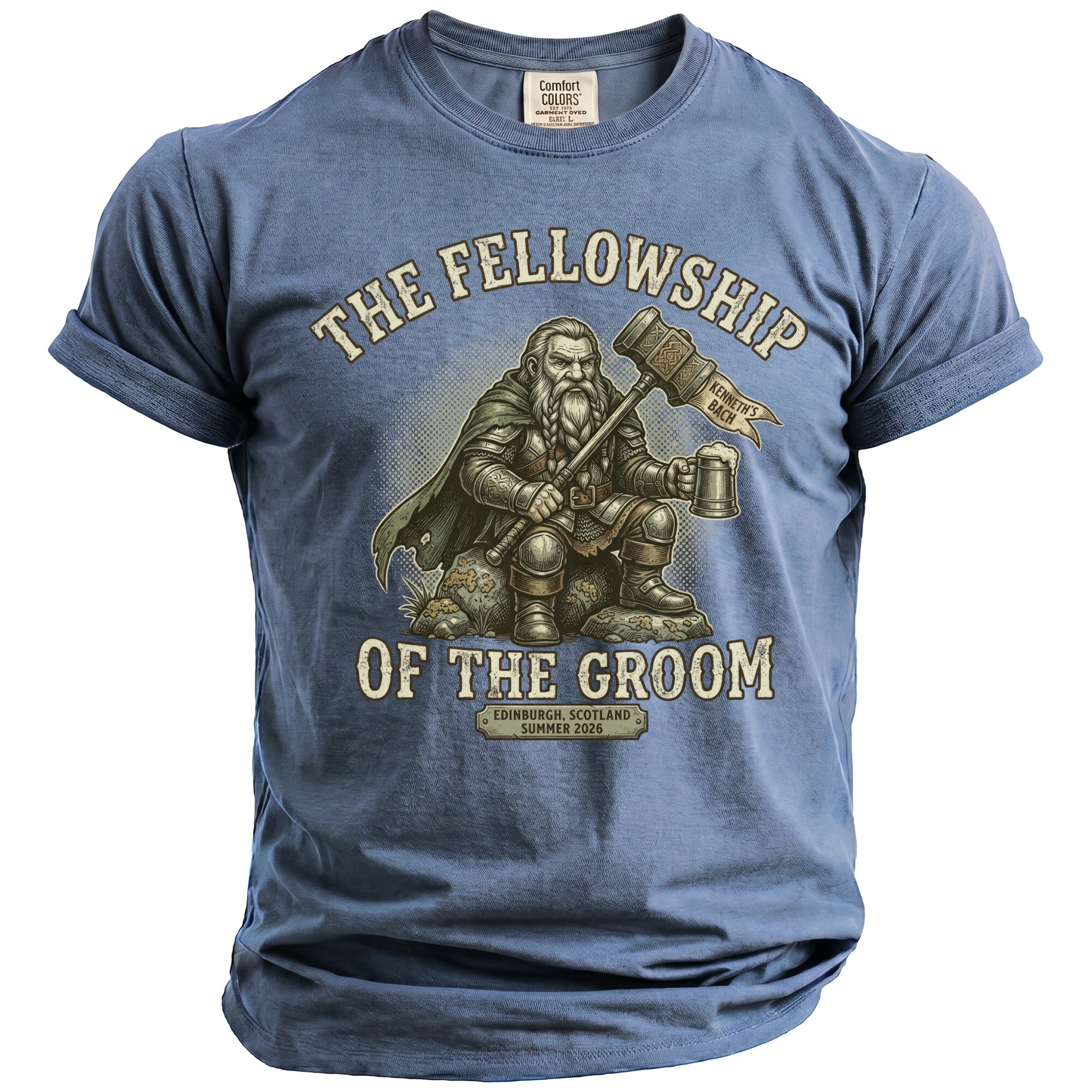 Blue t-shirt graphic: Dwarf with hammer and beer, "The Fellowship of the Groom," "Kenneth's Bach," "Edinburgh, Scotland Summer 2026."