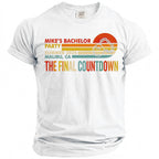 White t-shirt with "Mike's Bachelor Party" and "The Final Countdown" text.