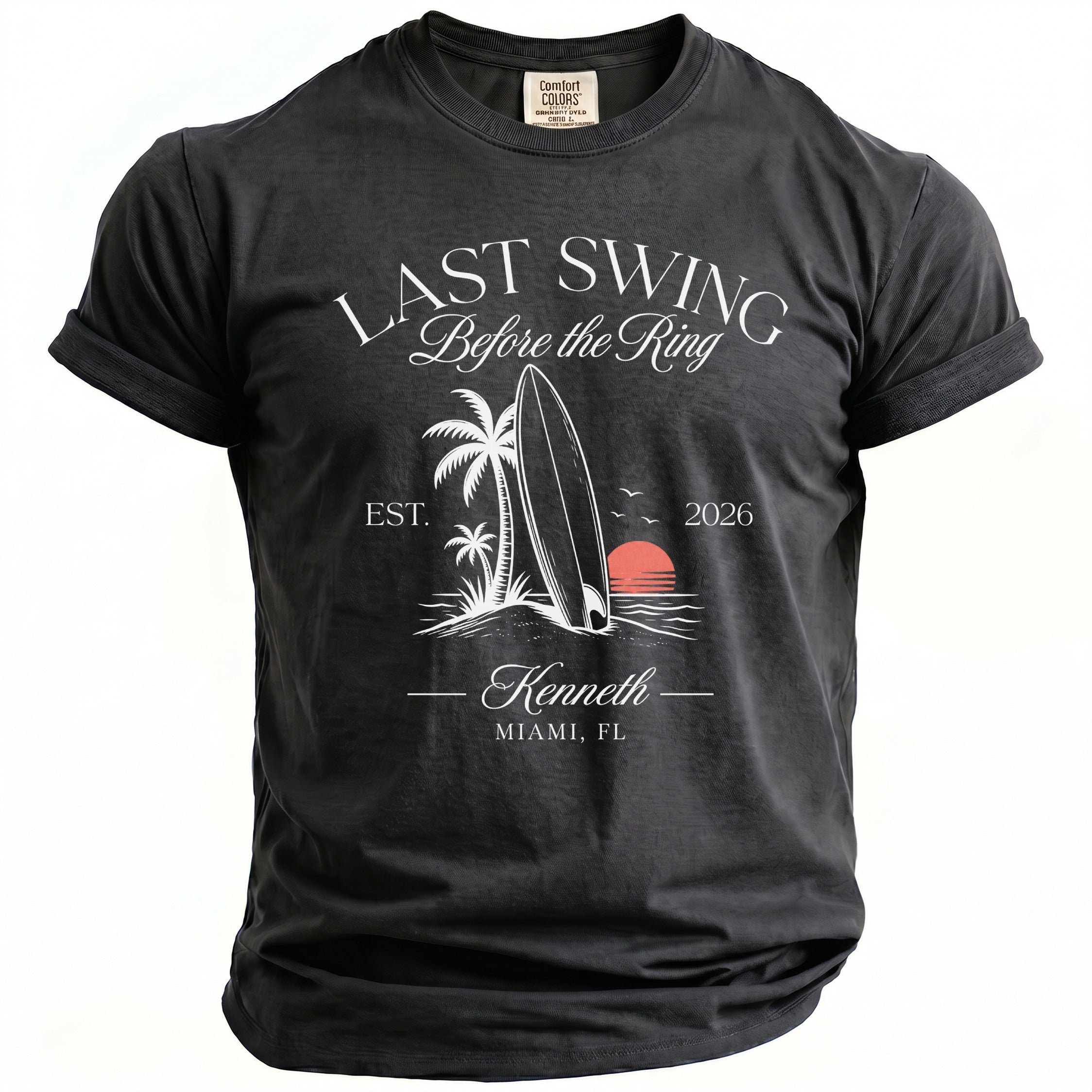 Dark gray t-shirt with "Last Swing Before the Ring, Kenneth, Miami, FL" design.