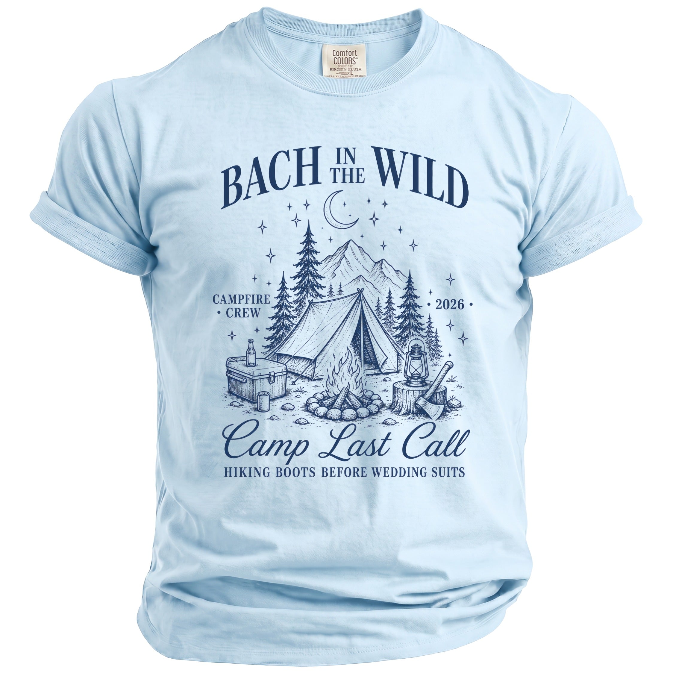 Light blue t-shirt with "Bach in the Wild" camping graphic and text.