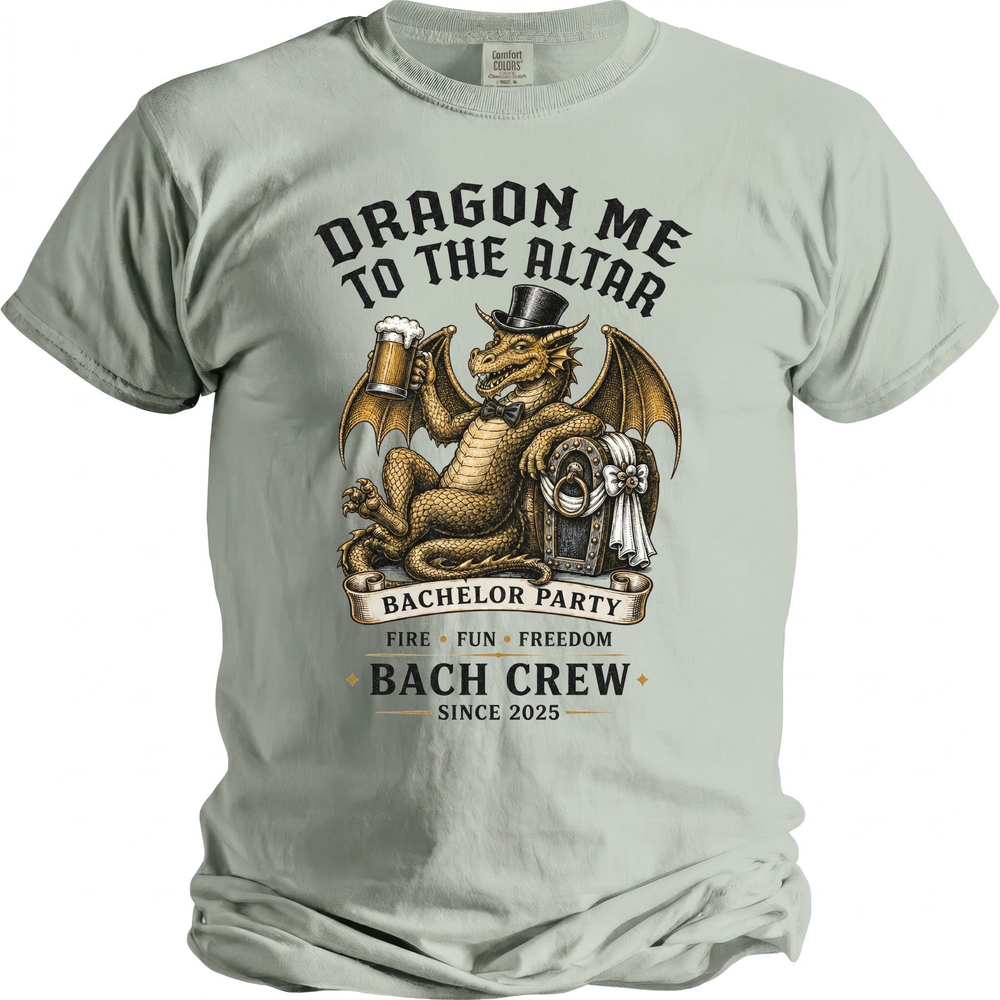 Dragon holding beer, wearing top hat, with "Bachelor Party Bach Crew Since 2025" text.