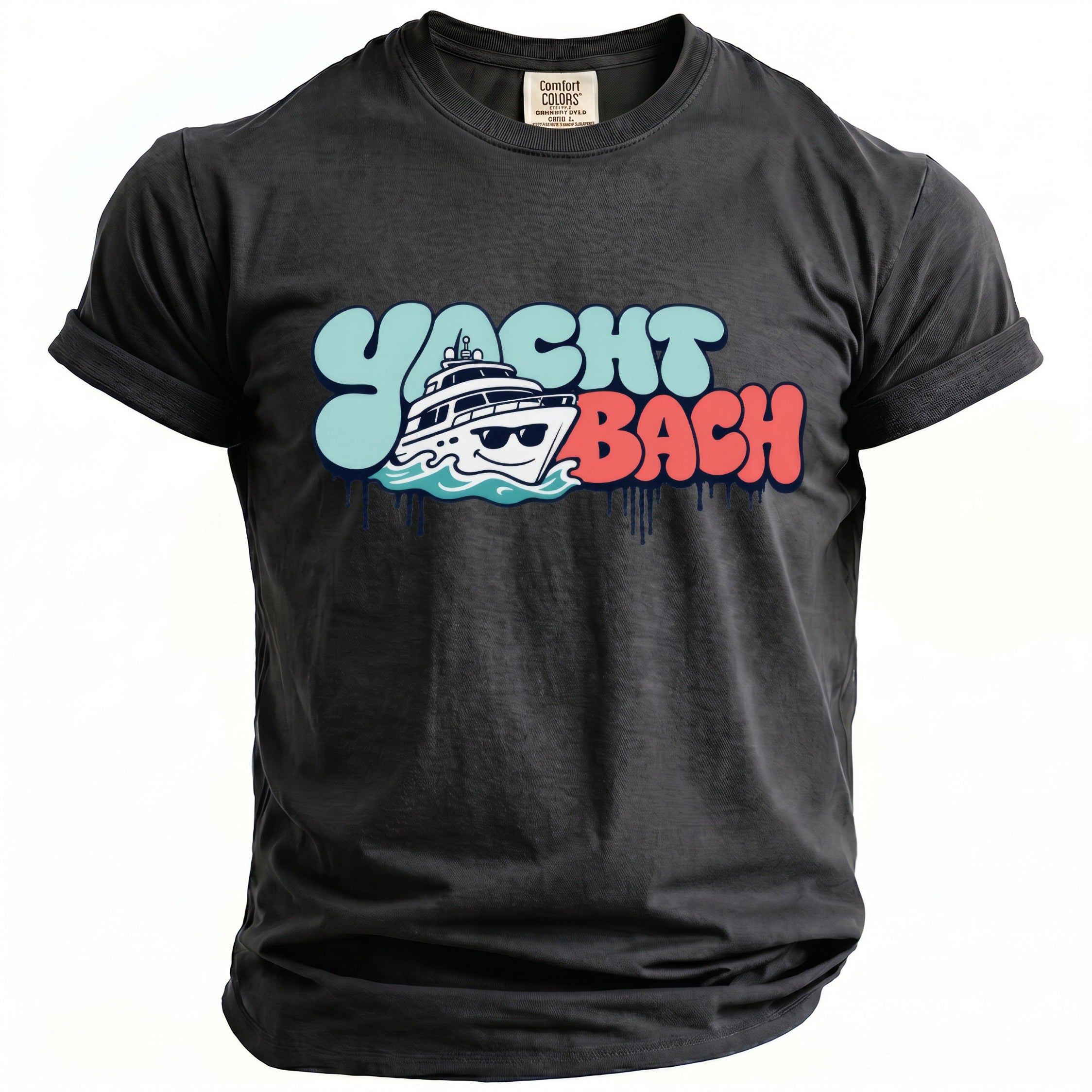 Black t-shirt with "Yacht Bach" text and a cartoon yacht graphic.