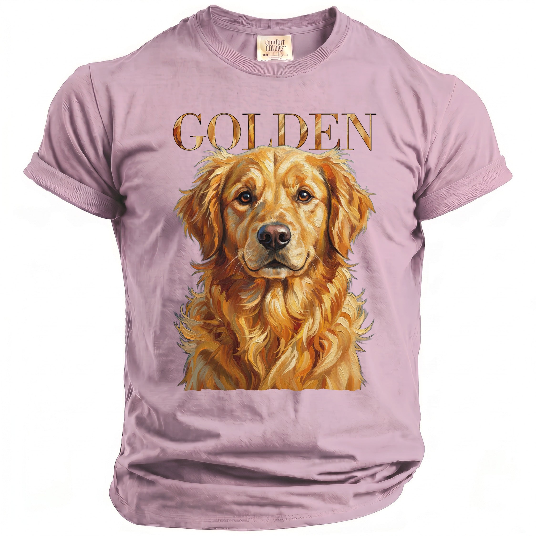 Pink t-shirt with golden retriever portrait and the word "GOLDEN"