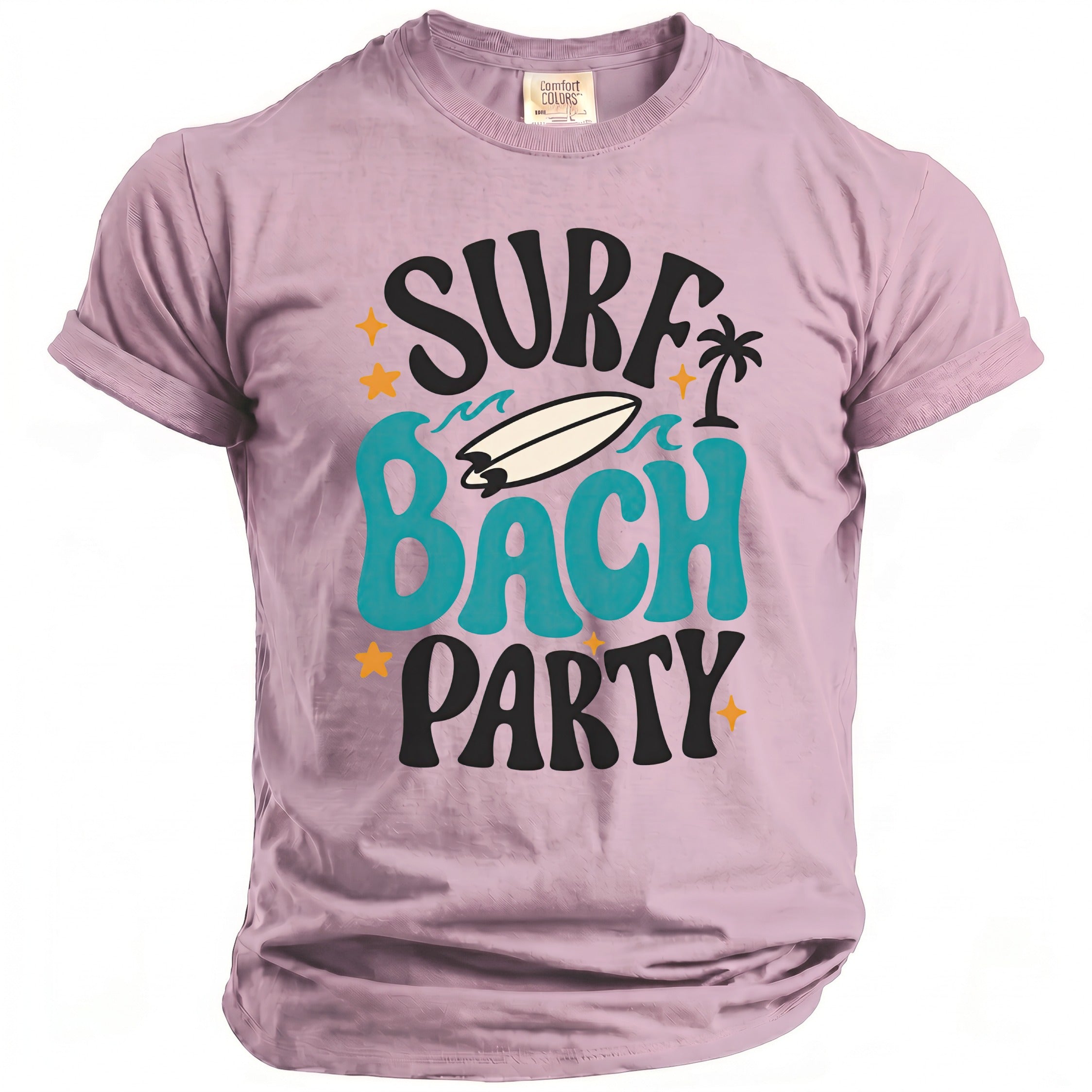Pink t-shirt with "Surf Bach Party" text, surfboard, waves, palm tree, and stars.