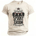 T-shirt with "Spooky Groom Tyler's Bachelor Bash" text and three skeletons in suits.