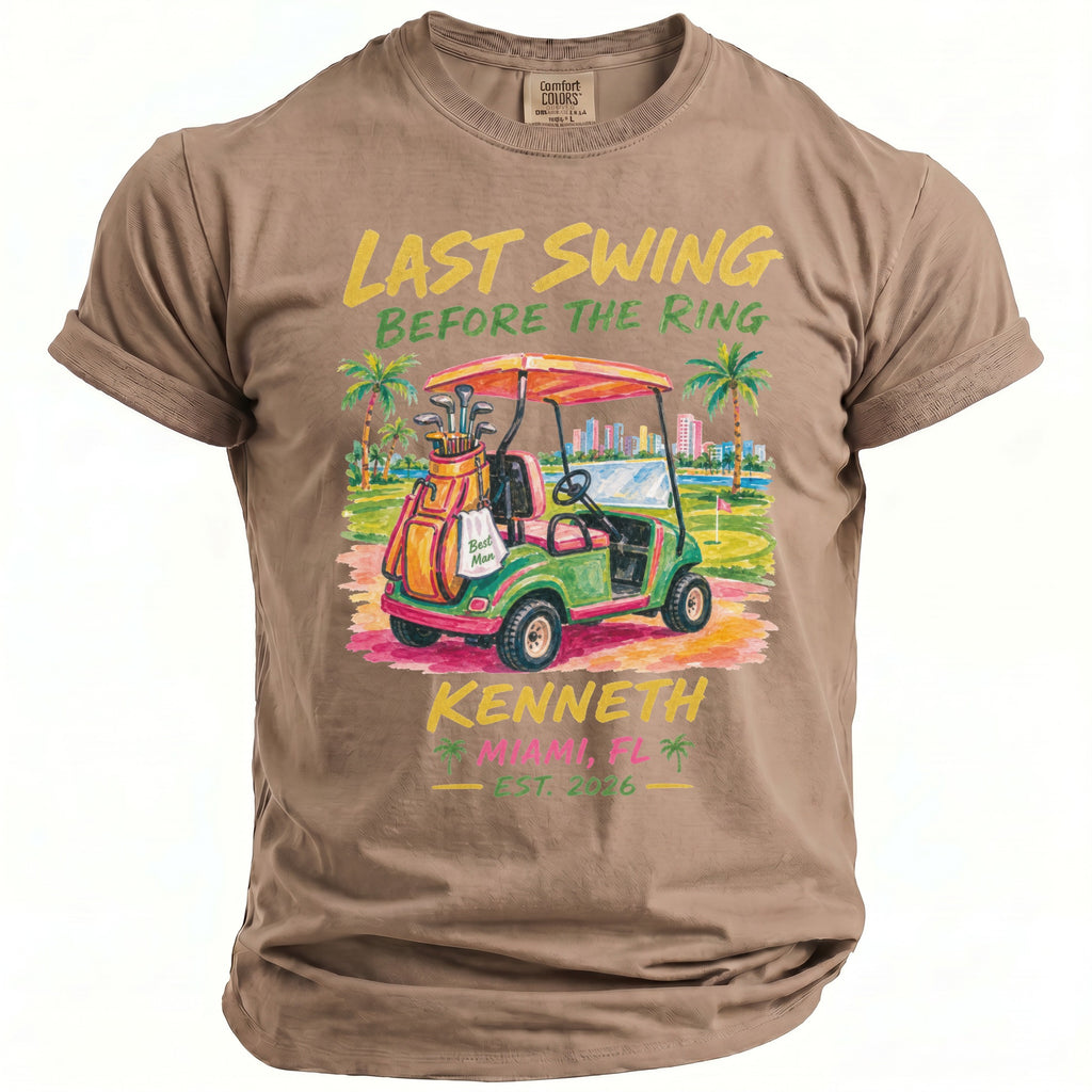 T-shirt with "Last Swing Before the Ring" graphic, golf cart, and "Kenneth".