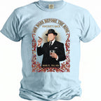 Light blue t-shirt with a graphic of a man in a suit holding a cigar and drink.