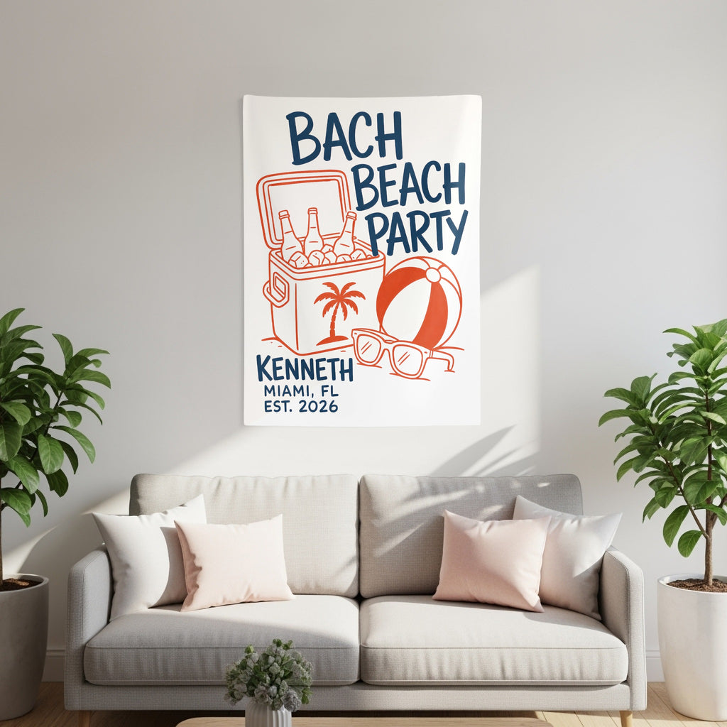 "Bach Beach Party" banner with cooler, palm tree, beach ball, and sunglasses; Kenneth, Miami, FL, Est. 2026.