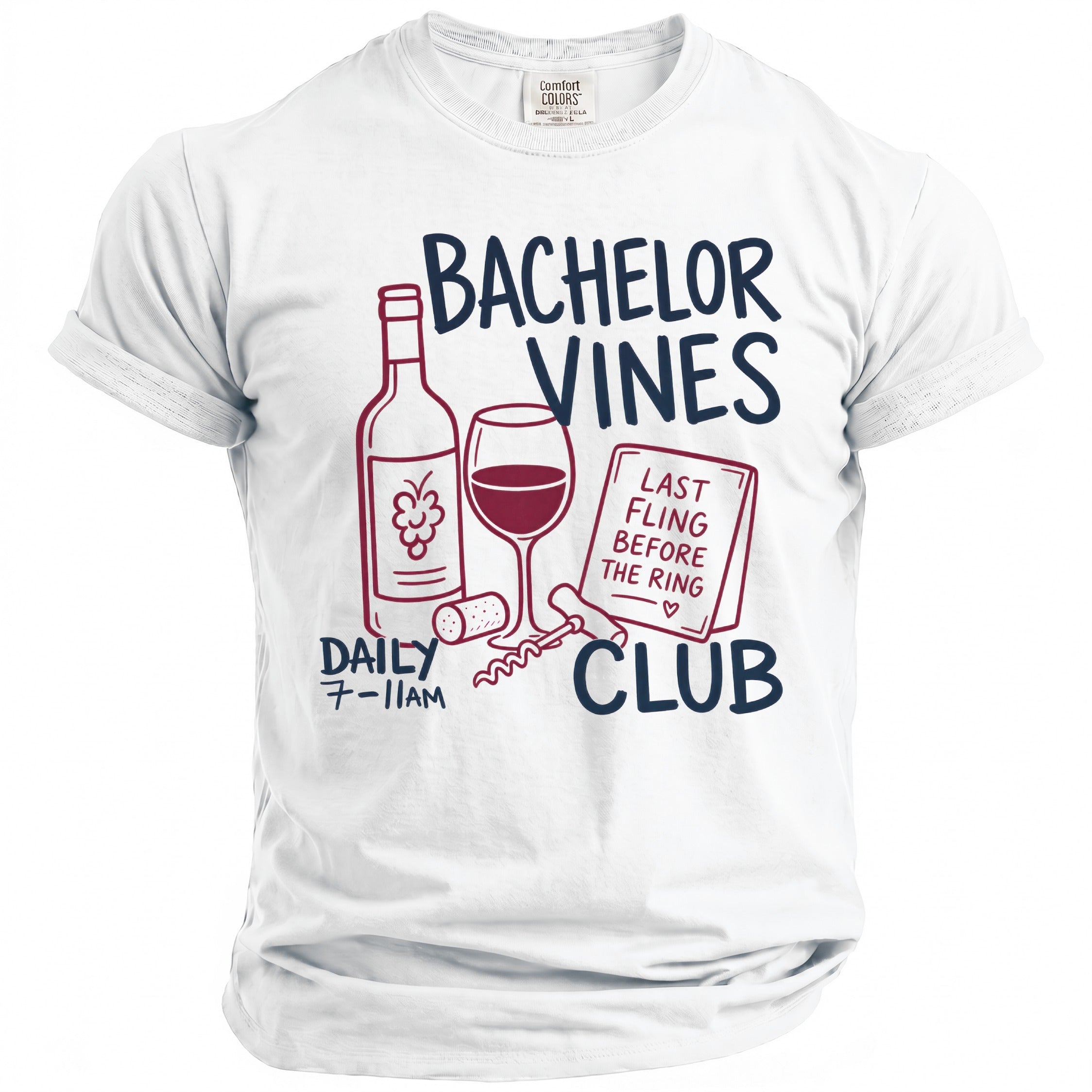 White t-shirt with "Bachelor Vines Club" and wine-themed graphics.