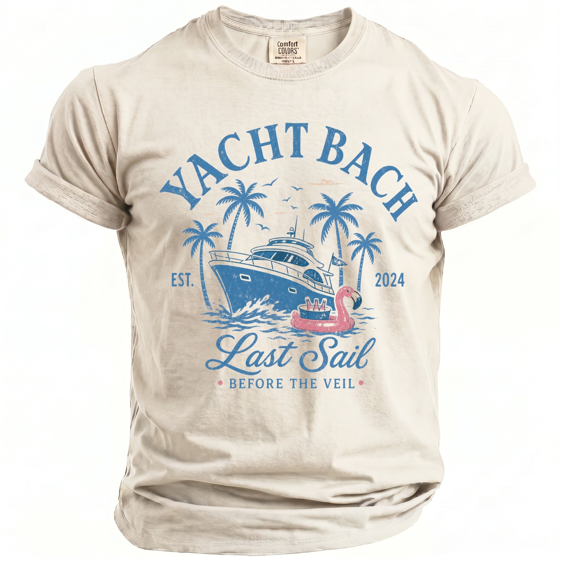 Light tan t-shirt with "Yacht Bach Last Sail Before The Veil 2024" graphic.
