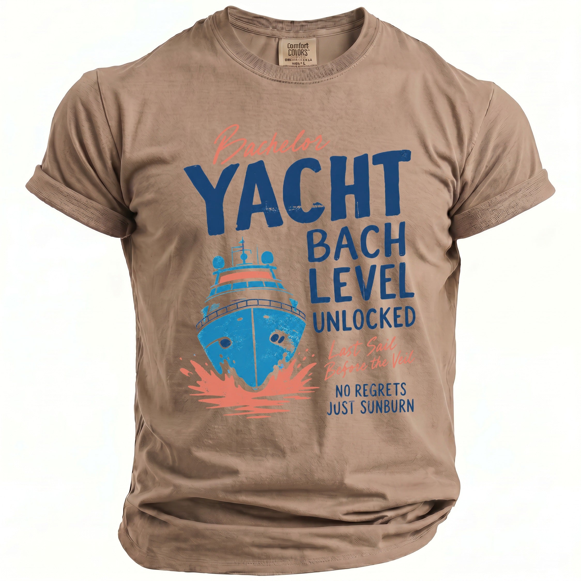 Tan t-shirt with "Bachelors Yacht Bach Level Unlocked" text and boat graphic.