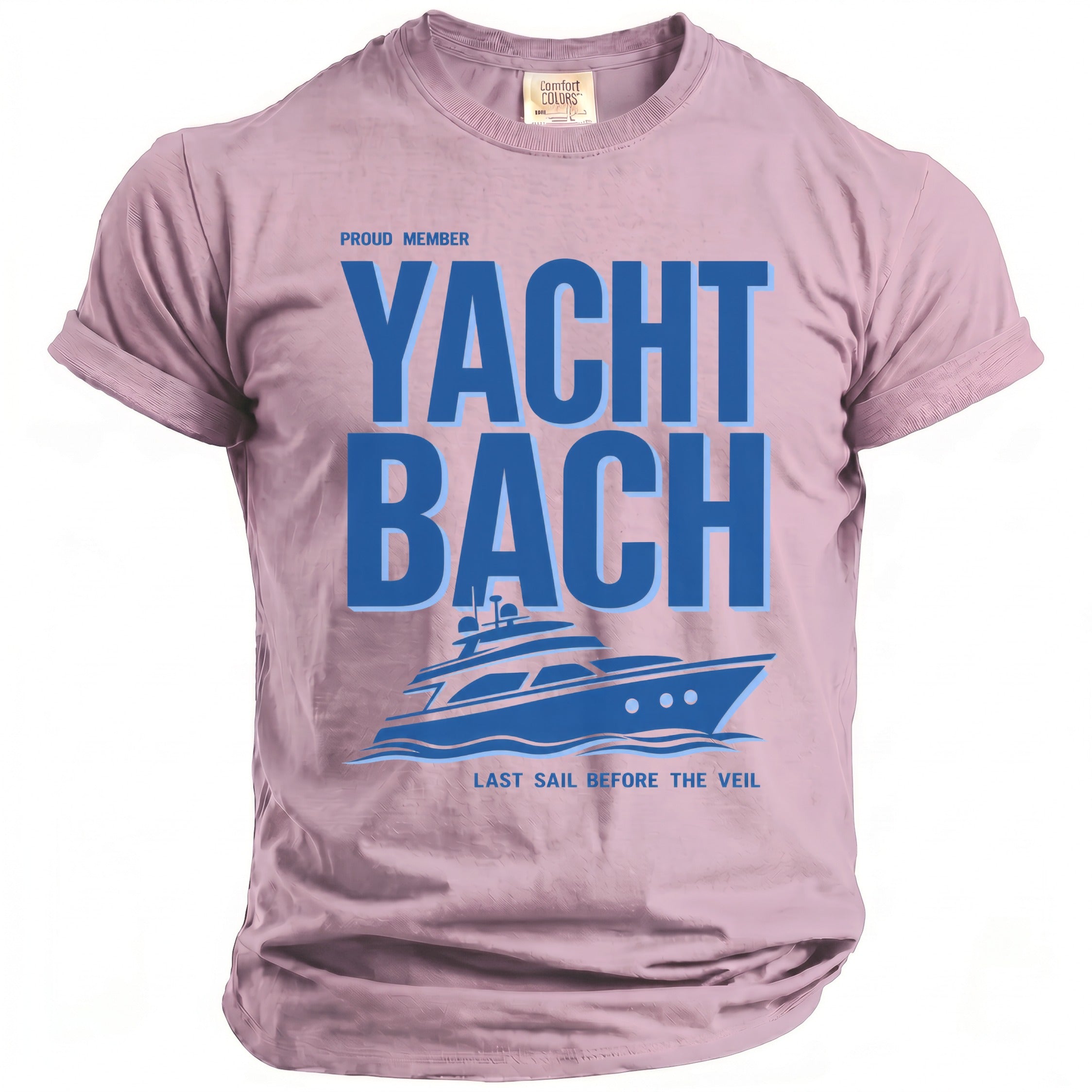 T-shirt with blue text "YACHT BACH" and a yacht graphic.