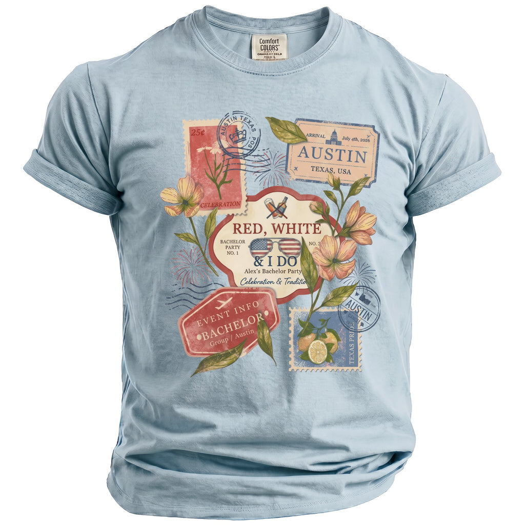 Light blue t-shirt with "Red, White & I Do" Austin bachelor party graphic.