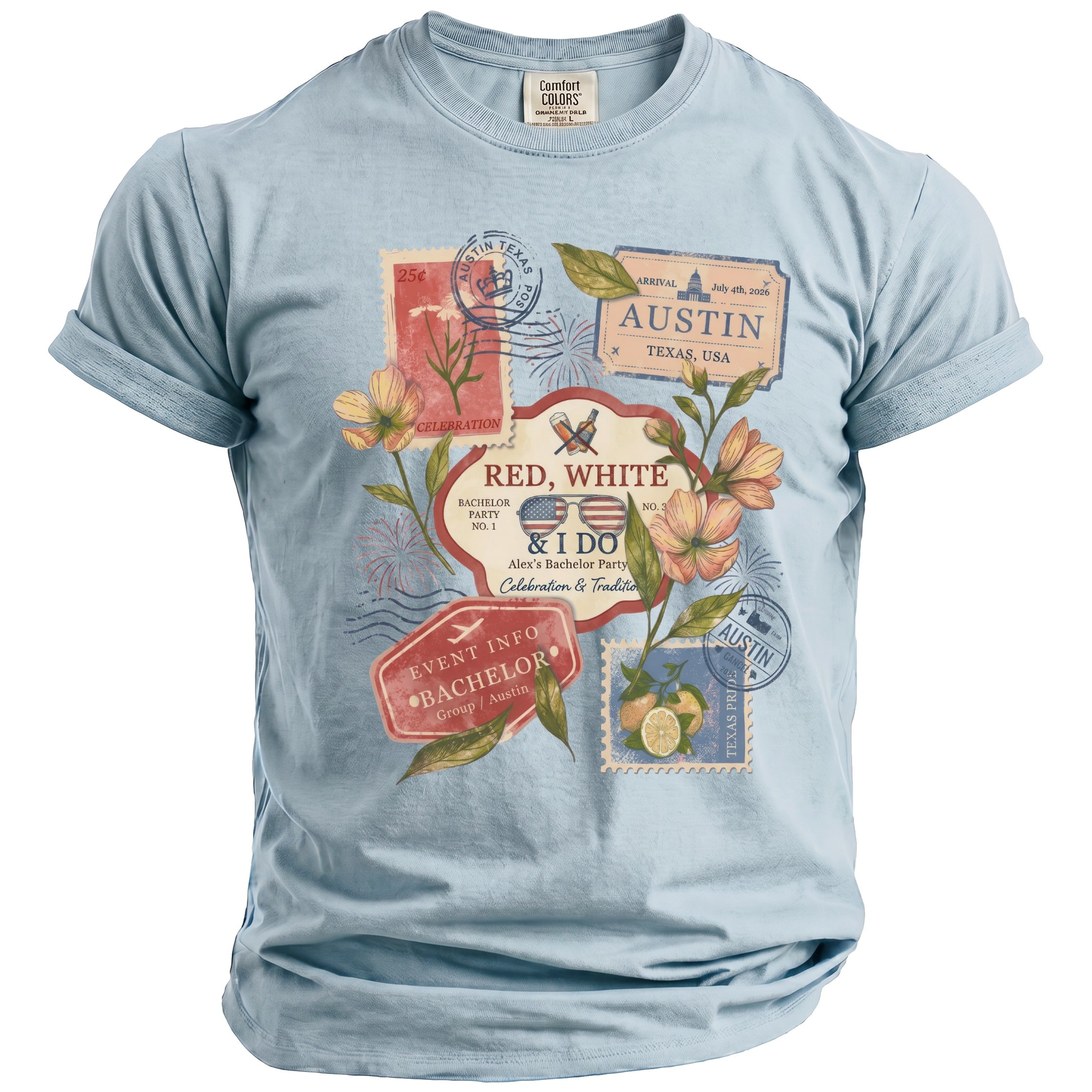 Light blue t-shirt with "Red, White & I Do" Austin bachelor party graphic.