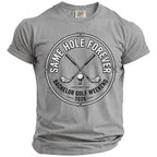 Gray t-shirt with a circular graphic of crossed golf clubs, ball, and text.
