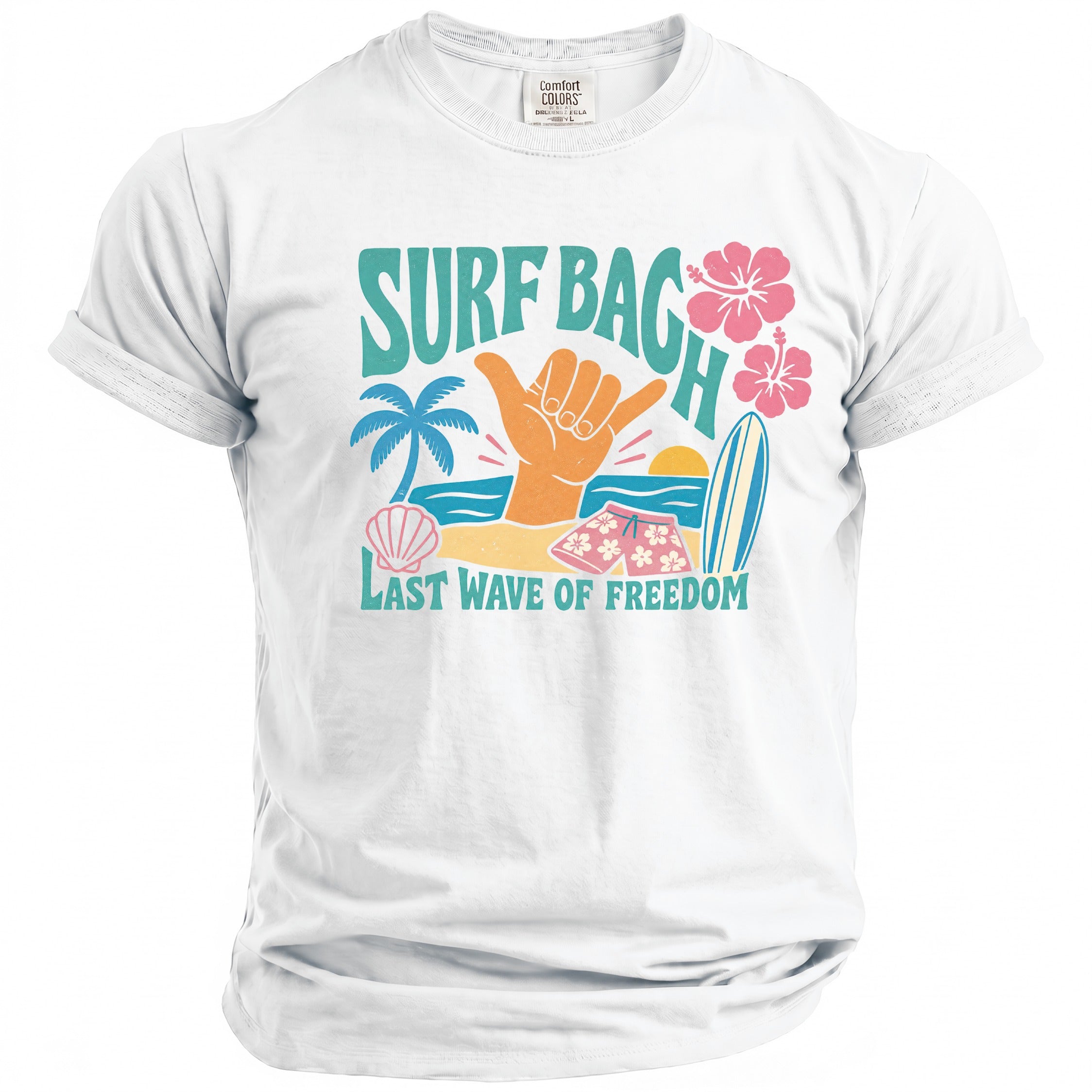 White t-shirt with "Surf Bag" graphic featuring a shaka hand, palm tree, and beach scene.