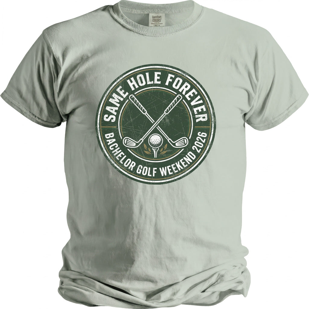 Shirt with a circle graphic featuring crossed golf clubs, a ball, and text.