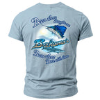 Light blue t-shirt with "Been there Caught one Bahamas Dove with them" and fish graphic.