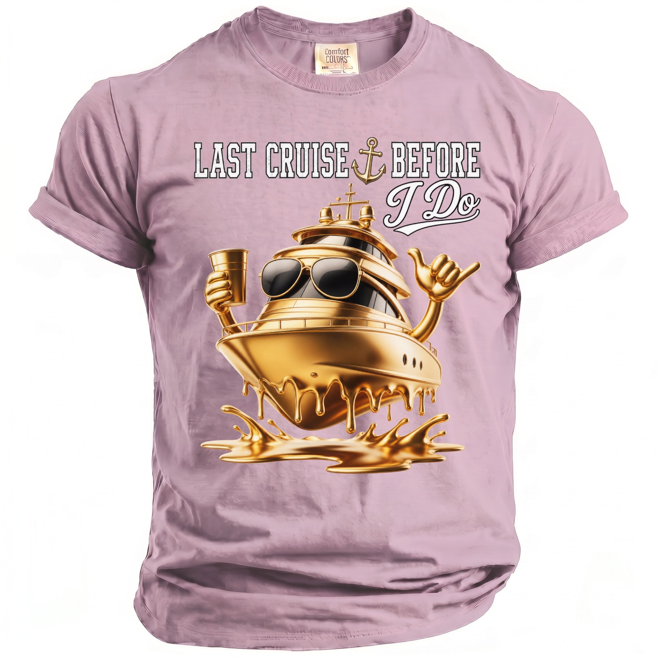 Pink t-shirt with graphic "Last Cruise Before I Do" and a golden yacht.