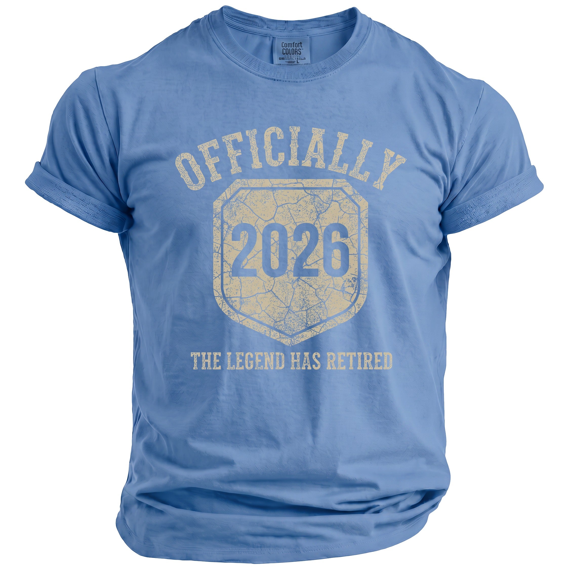 Blue t-shirt with distressed text "OFFICIALLY 2026 THE LEGEND HAS RETIRED".