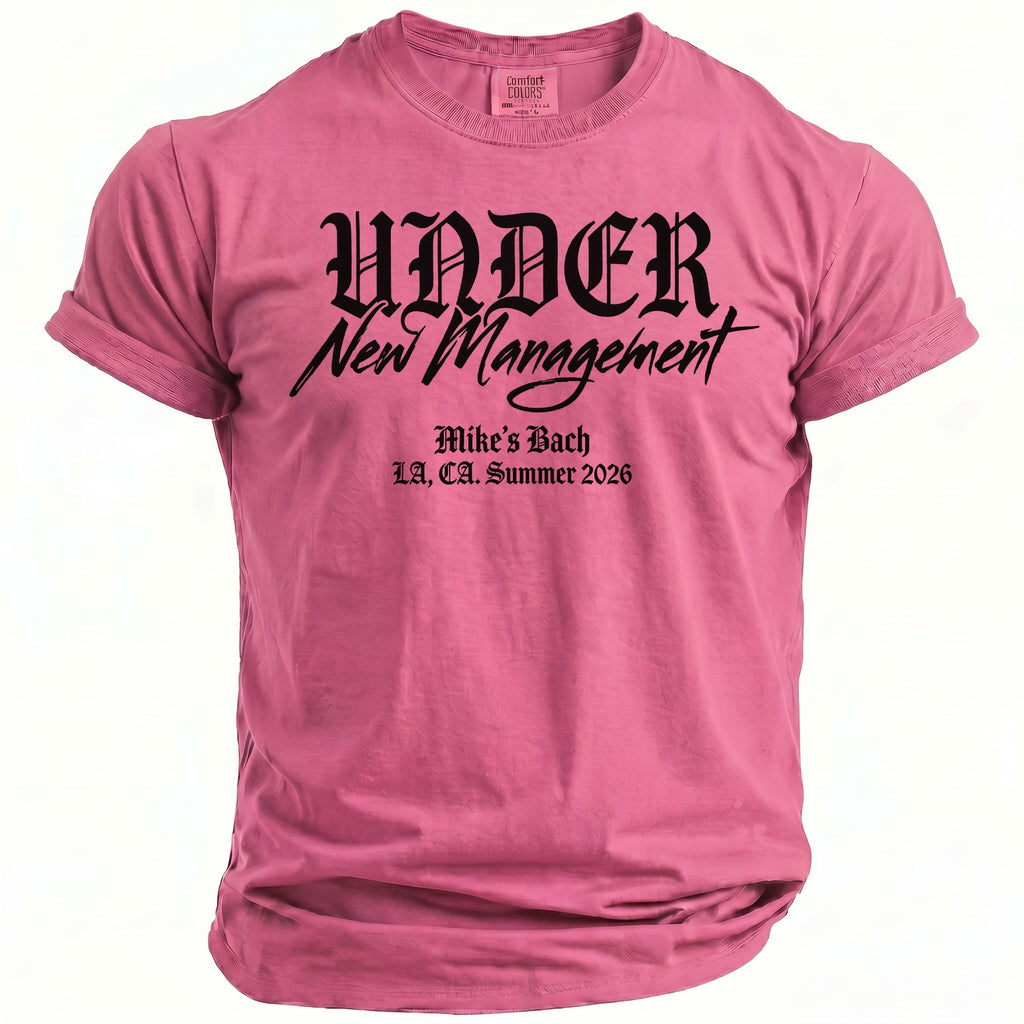 Pink t-shirt with "Under New Management", "Mike's Bach", "LA, CA. Summer 2026" text.