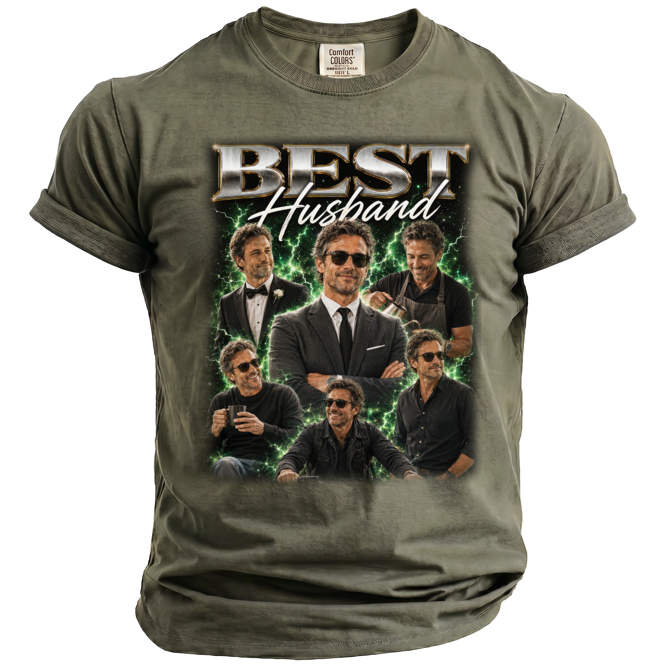T-shirt graphic with "BEST Husband" text and collage of a man in multiple outfits.