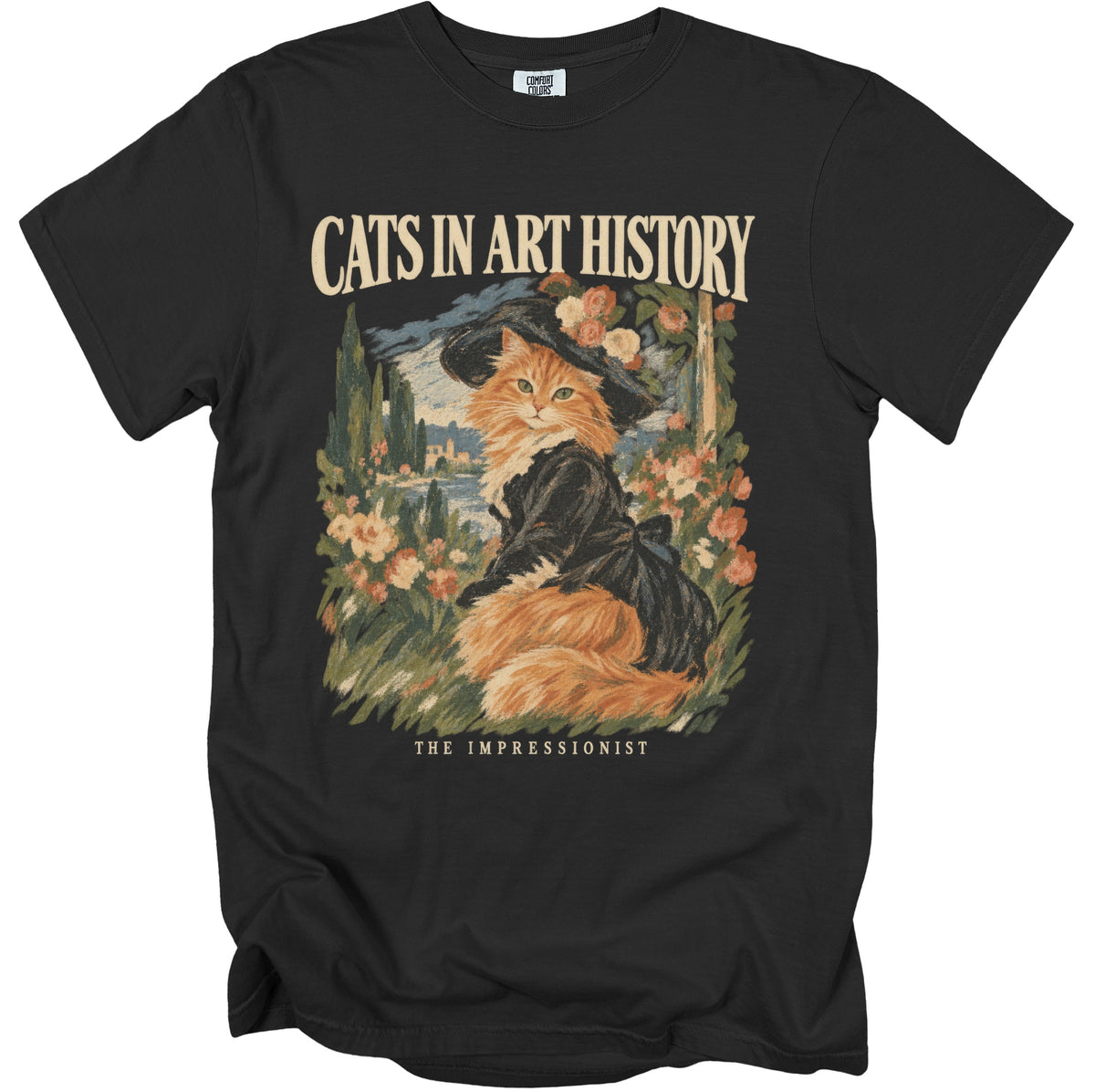 Black t-shirt with "Cats in Art History" and an impressionist cat artwork.