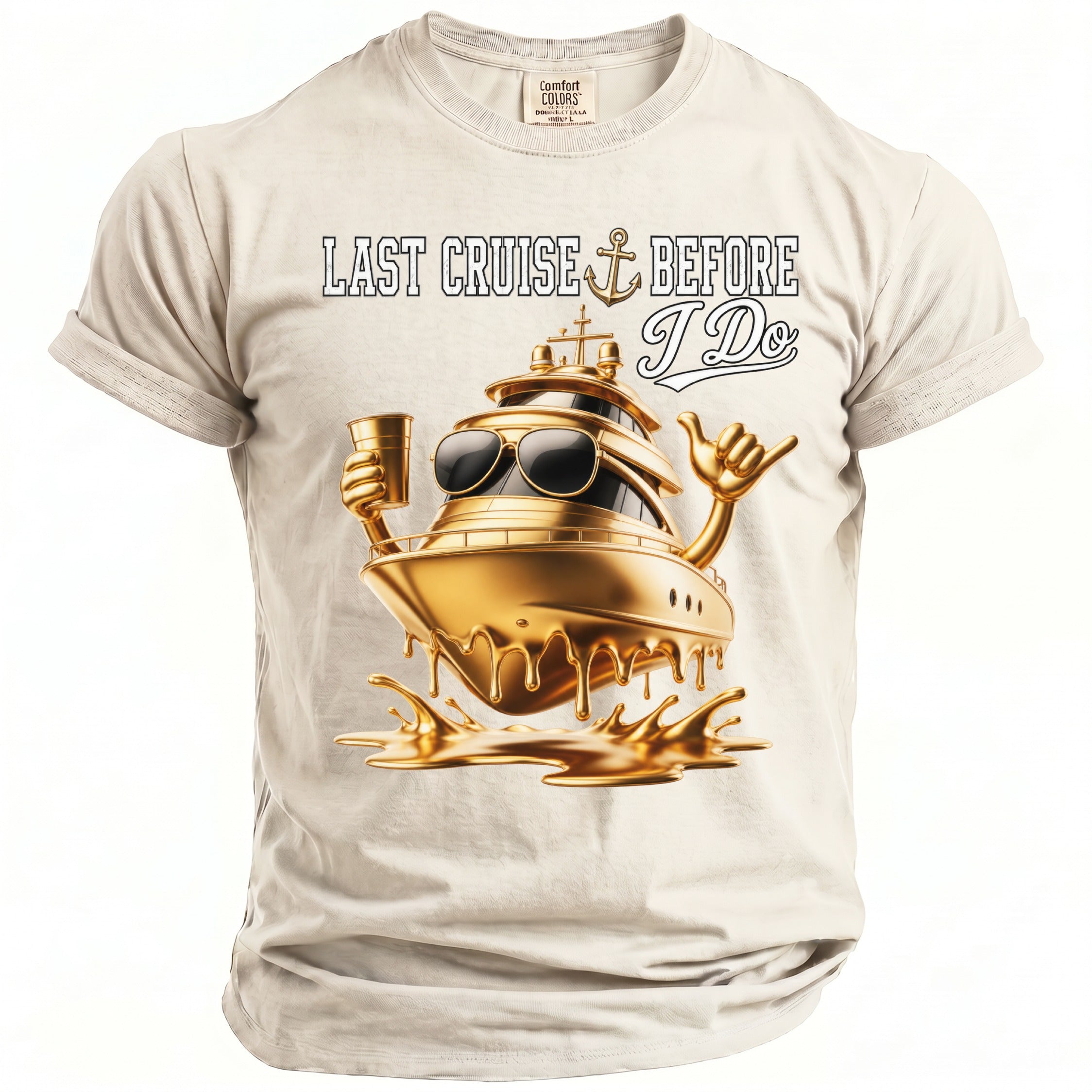 T-shirt with text "LAST CRUISE BEFORE I Do" and a golden yacht.