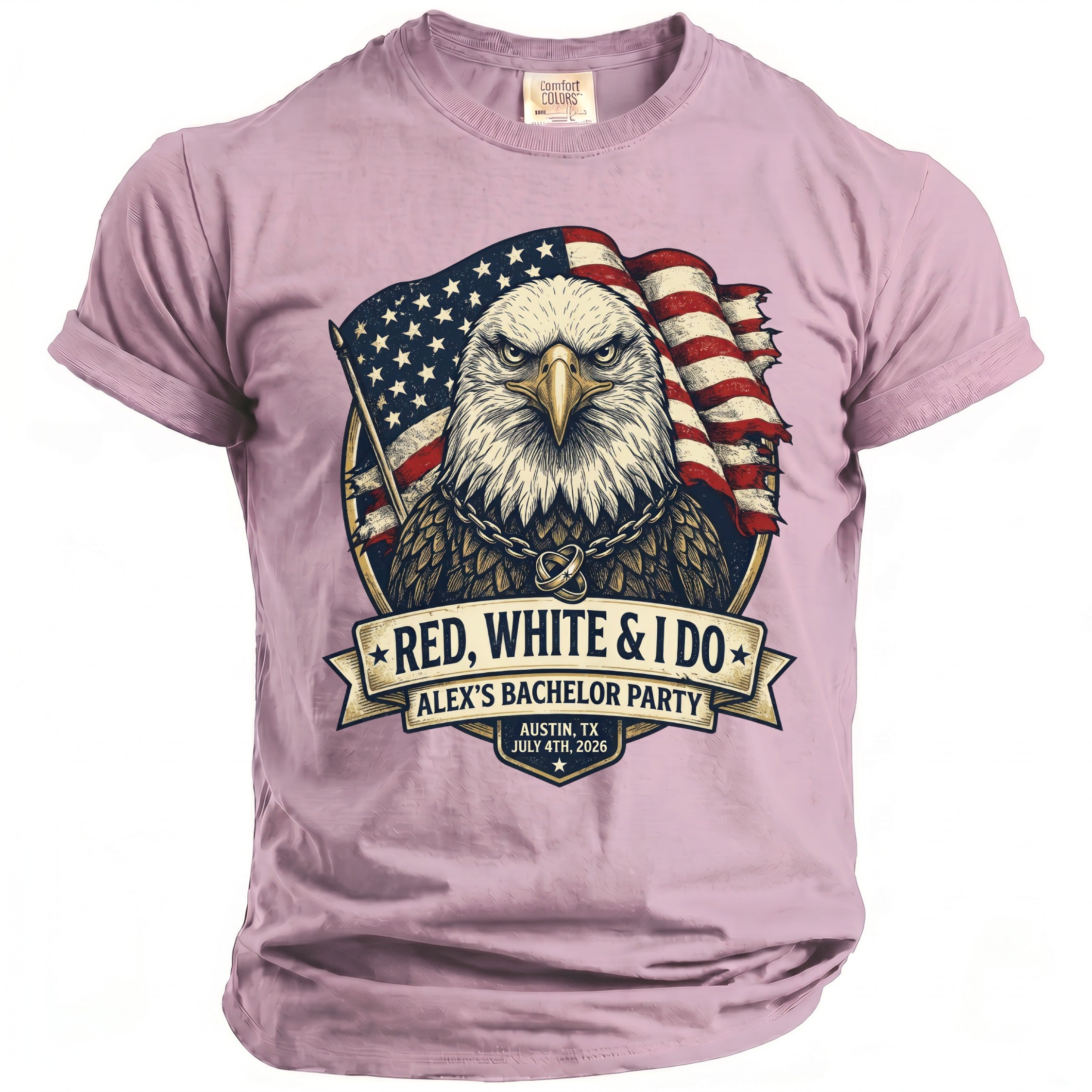 Pink t-shirt with distressed eagle and flag graphic, reads "Red, White & I Do Alex's Bachelor Party".