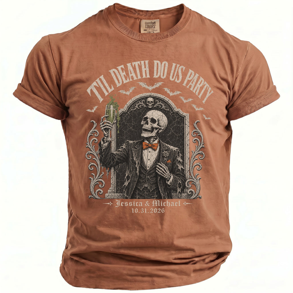 Brown t-shirt with "Til Death Do Us Party" and skeleton graphic.