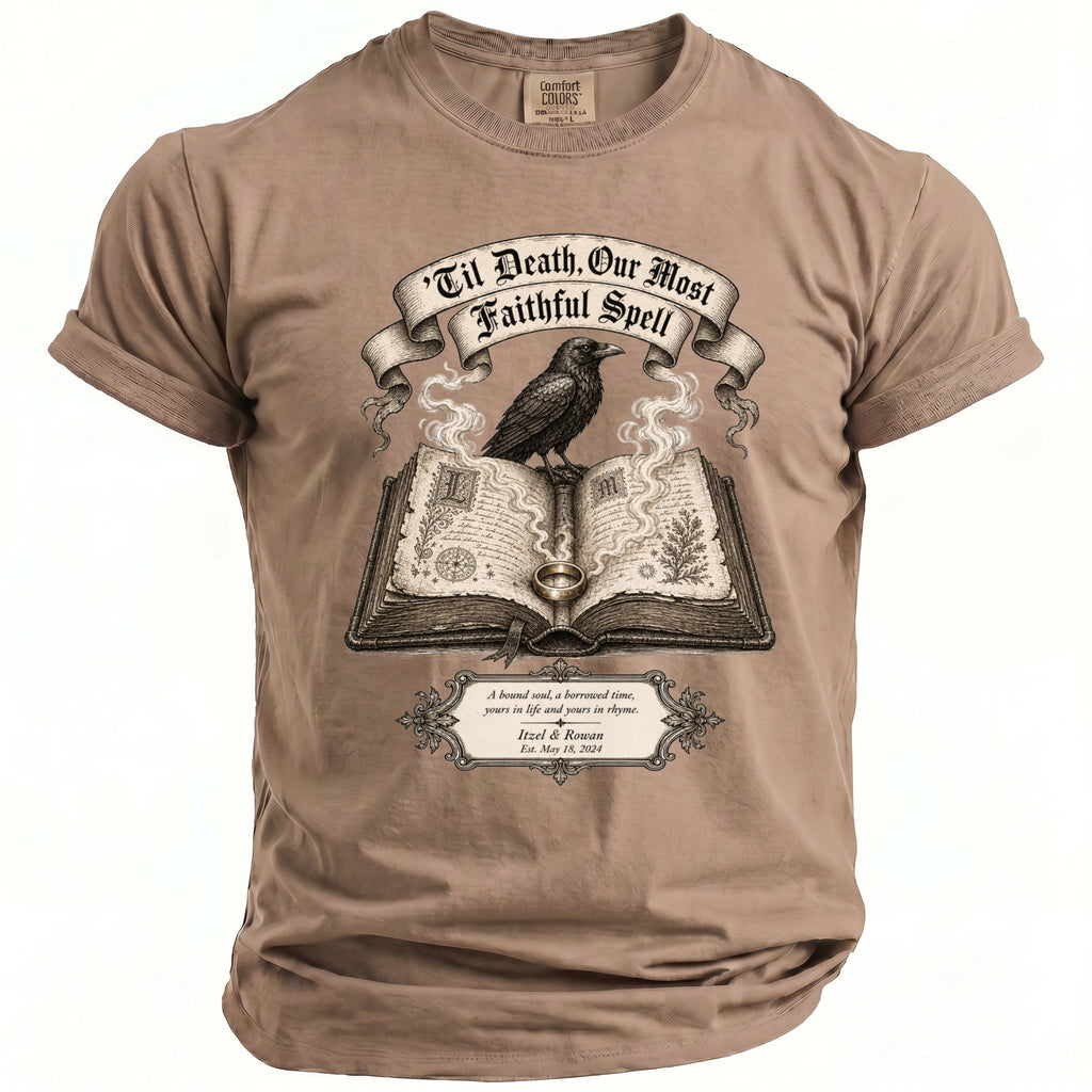 T-shirt with a raven on an open book, reading 'Til Death, Our Most Faithful Spell'.