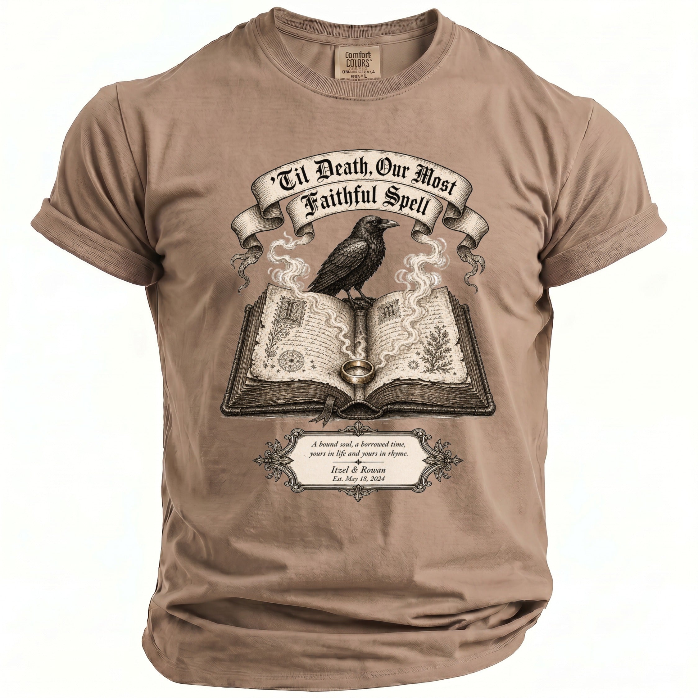 T-shirt with a raven on an open book, reading 'Til Death, Our Most Faithful Spell'.
