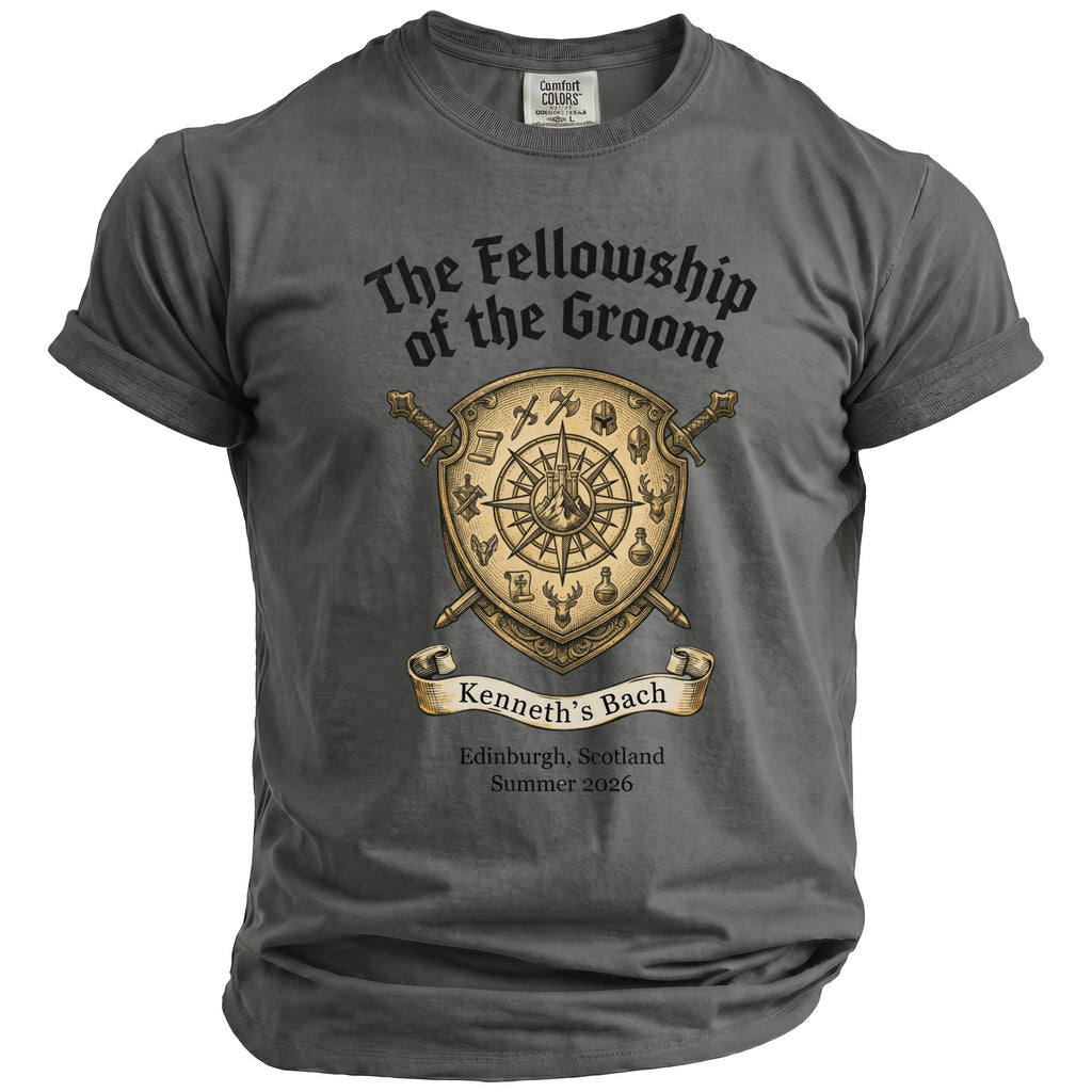 Grey t-shirt with "The Fellowship of the Groom" and coat of arms design.