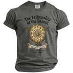 Grey t-shirt with "The Fellowship of the Groom" and coat of arms design.