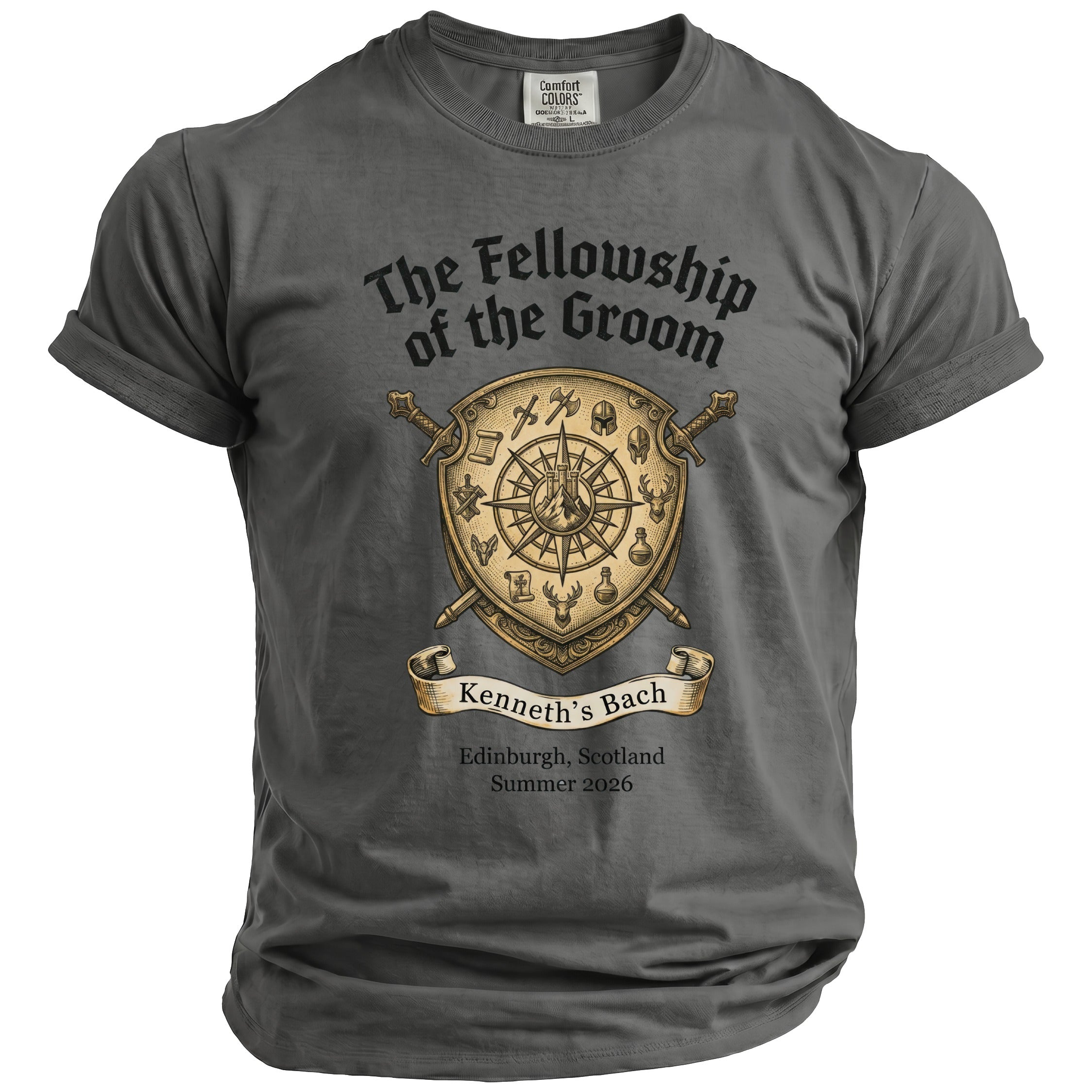 Grey t-shirt with "The Fellowship of the Groom" and coat of arms design.