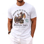 White t-shirt with dragon graphic and text: "Dragon My Ass to the Altar," "Bach Crew," and "Bachelor Party."