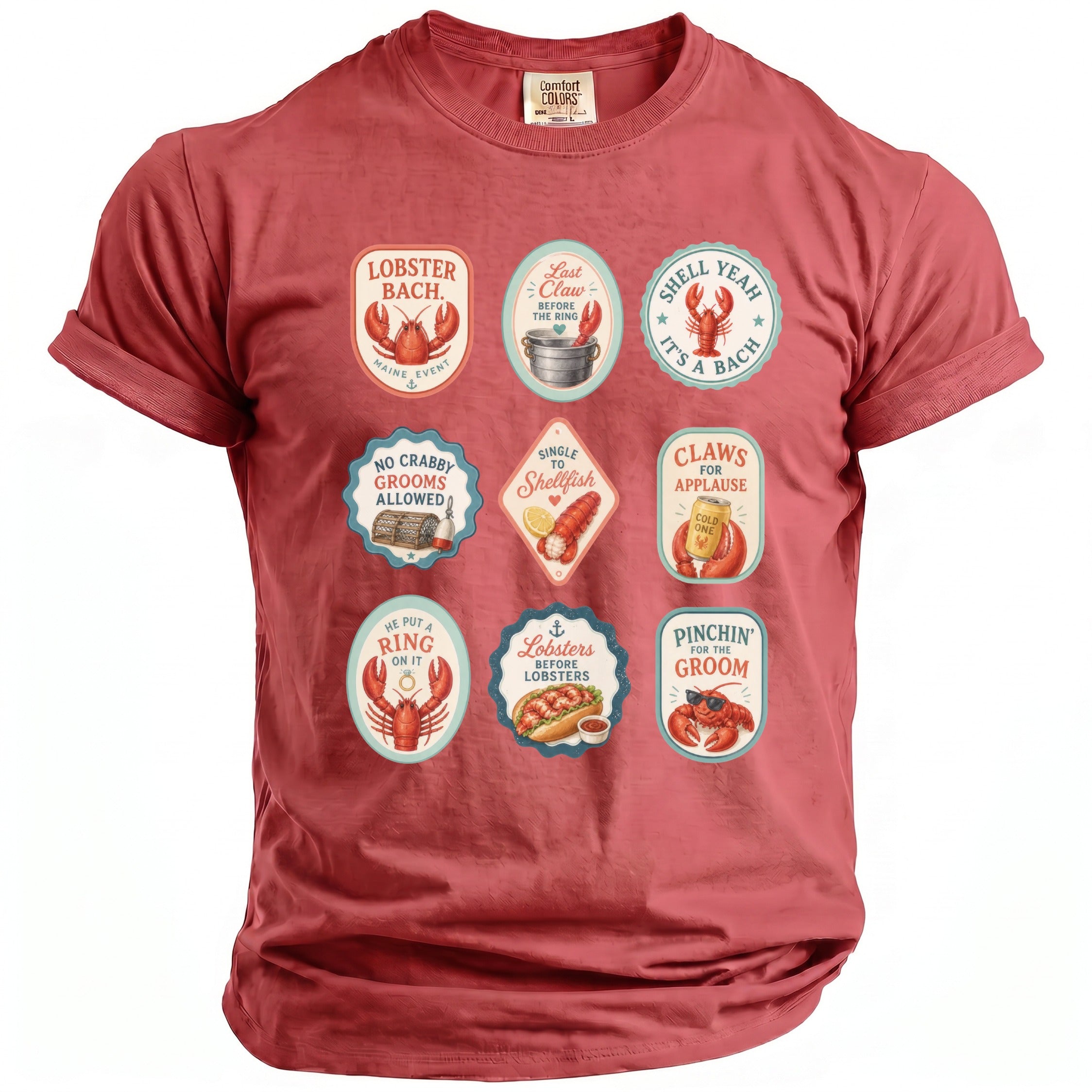 Red t-shirt with lobster-themed graphic designs and text related to weddings and events.