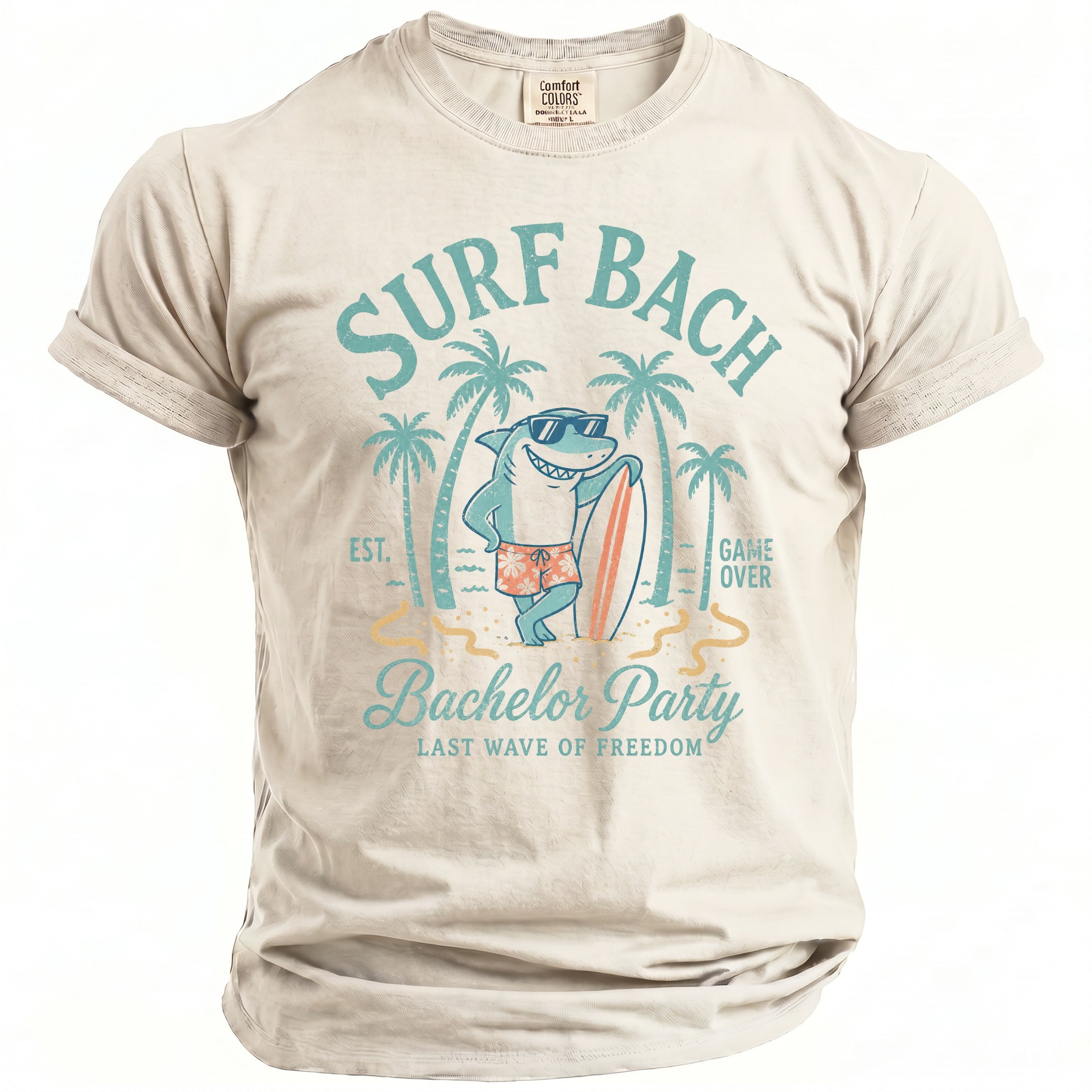 T-shirt with a shark in sunglasses holding a surfboard, "SURF BACH" and "Bachelor Party" text.