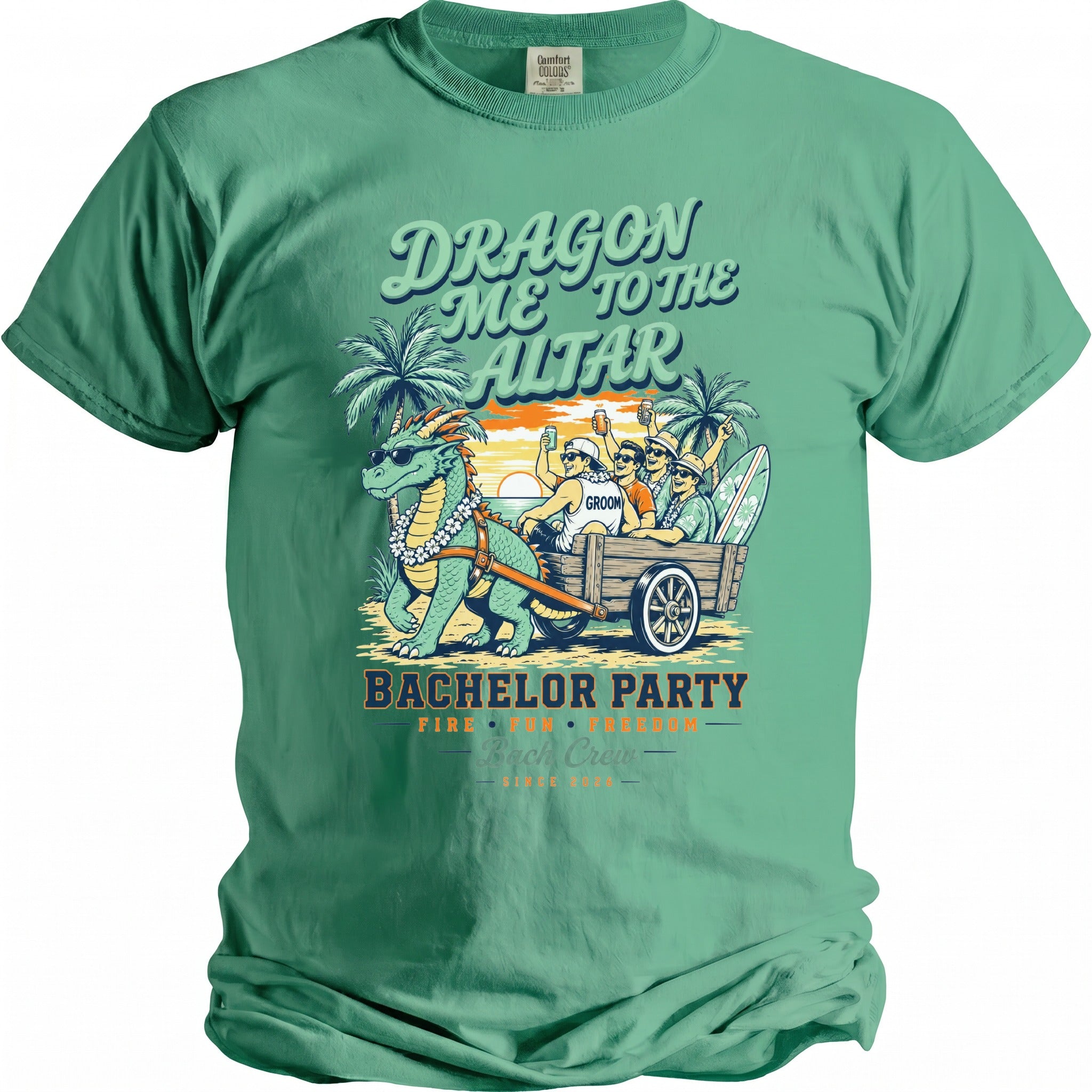 Green t-shirt with "Dragon Me to the Altar" and "Bachelor Party" text.