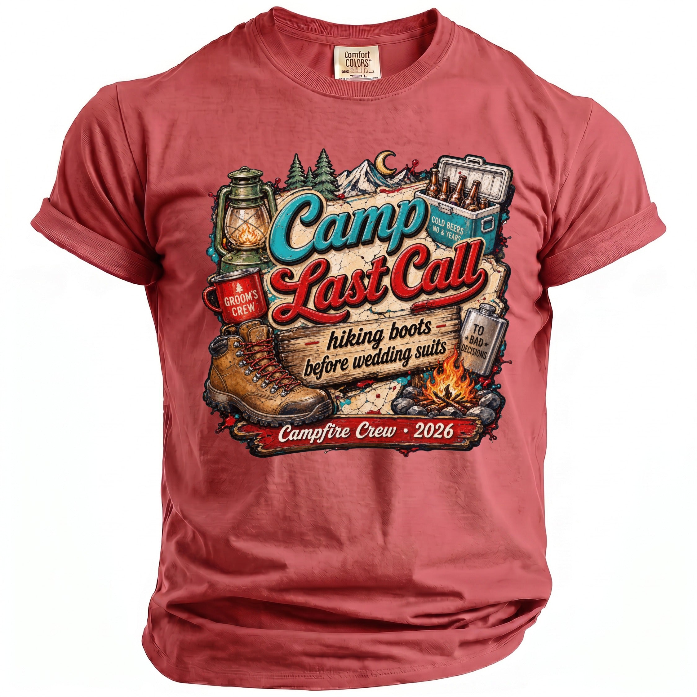 Brick red crewneck t-shirt featuring a camping-themed graphic with the text Camp Last Call.
