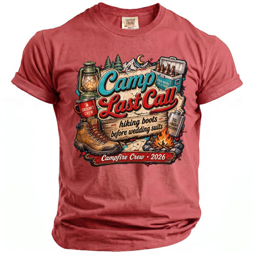 Brick red crewneck t-shirt featuring a camping-themed graphic with the text Camp Last Call.