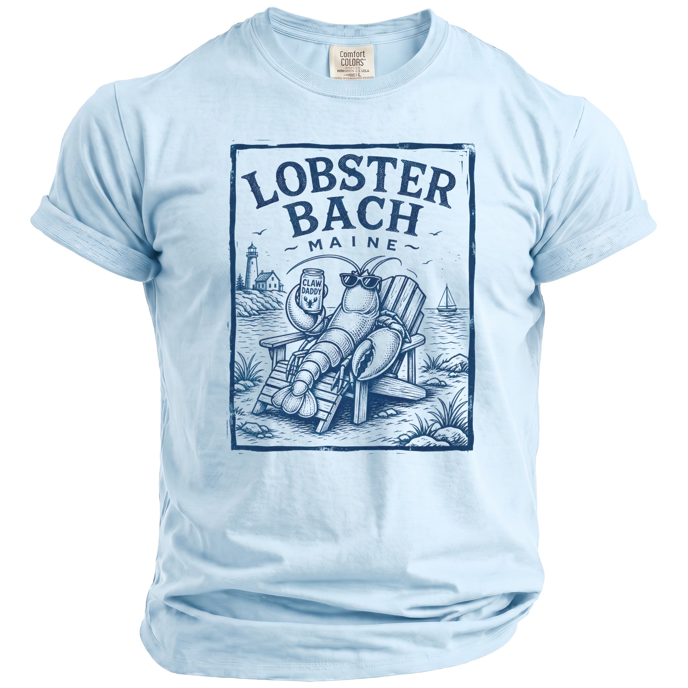 Light blue t-shirt with "Lobster Bach Maine" graphic of a lobster in a chair holding a drink.