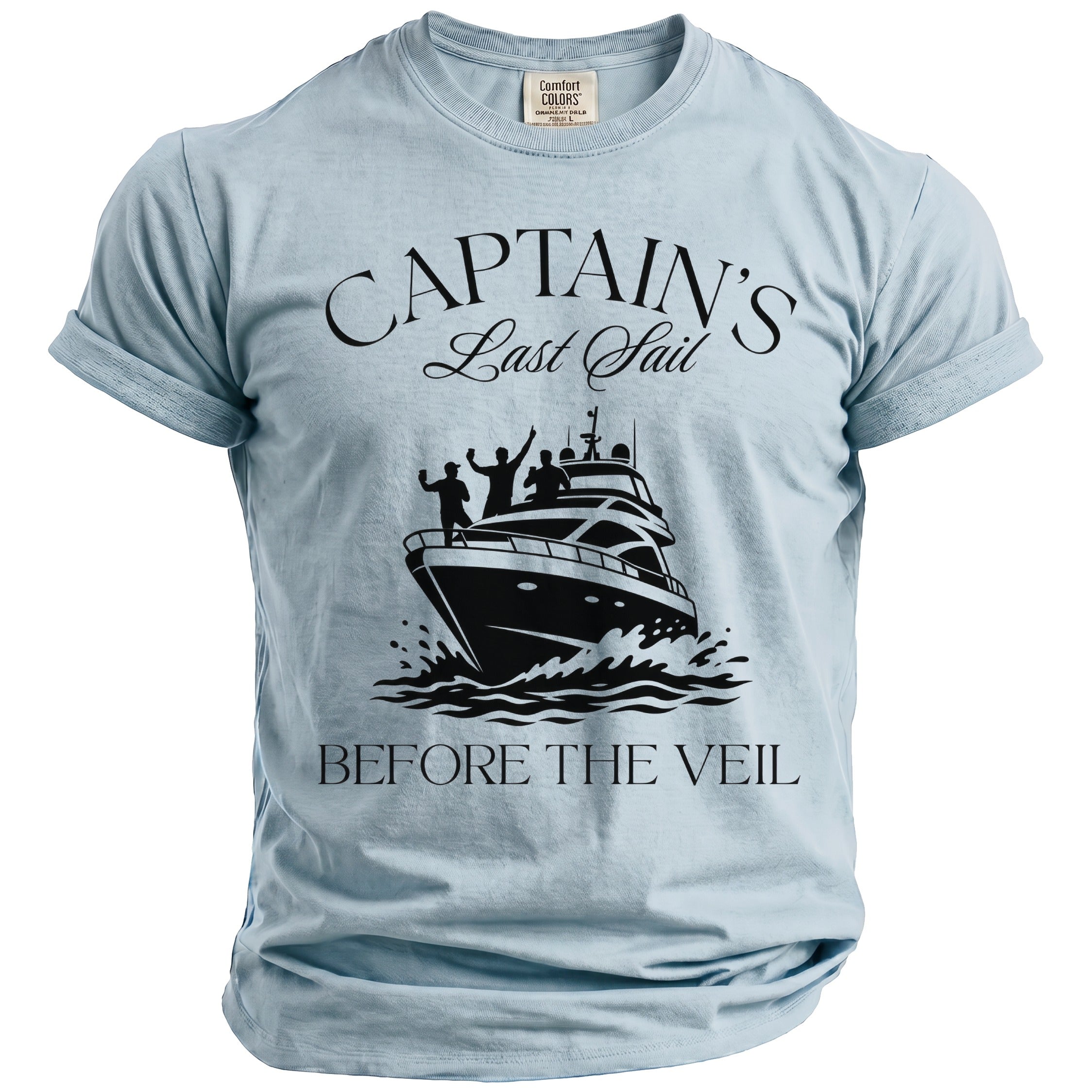 Light blue t-shirt with "Captain's Last Sail Before The Veil" text and yacht graphic.