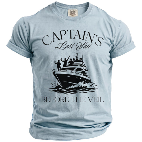 Light blue t-shirt with "Captain's Last Sail Before The Veil" text and yacht graphic.